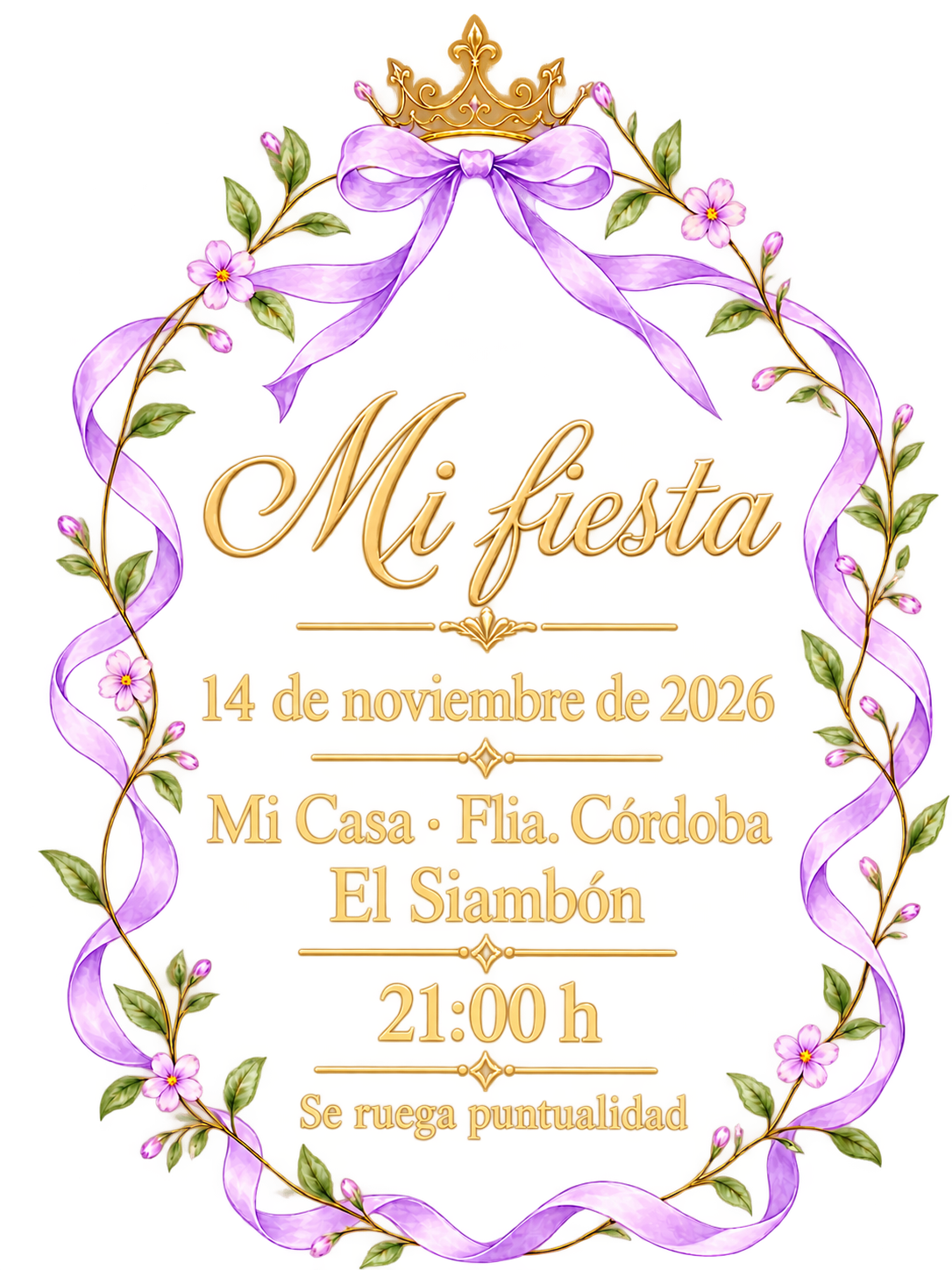 Mi fiesta. 14 de noviembre de 2026. Mi Casa · Flia. Córdoba · El Siambón. 21:00 hs. Se ruega puntualidad.
